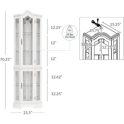 Lighted 3-Side Glass Display Curio Cabinet w/ Tempered Glass Doors and Shelves - Curved Wood Corner Cabinet with Bulb