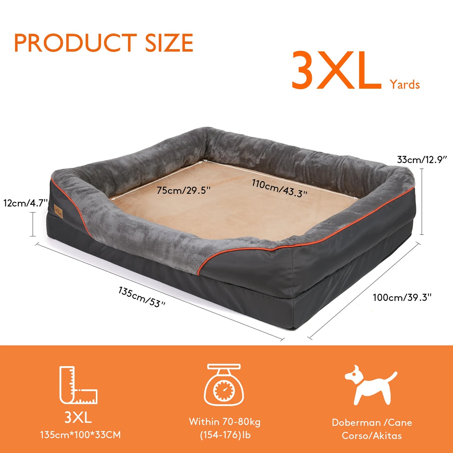Super Soft Orthopedic Foam Bed For Dogs - Pet Bed Sleeping Mat with Cotton-padded Bolster & Removable Cover Sizes L-3XL