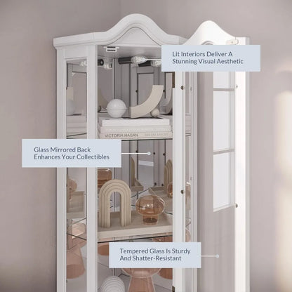 Lighted 3-Side Glass Display Curio Cabinet w/ Tempered Glass Doors and Shelves - Curved Wood Corner Cabinet with Bulb