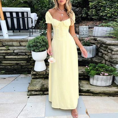 2025 Ladies Maxi Dress - Solid Colors - Chest Wrap - Bowknot Lace-up 2025