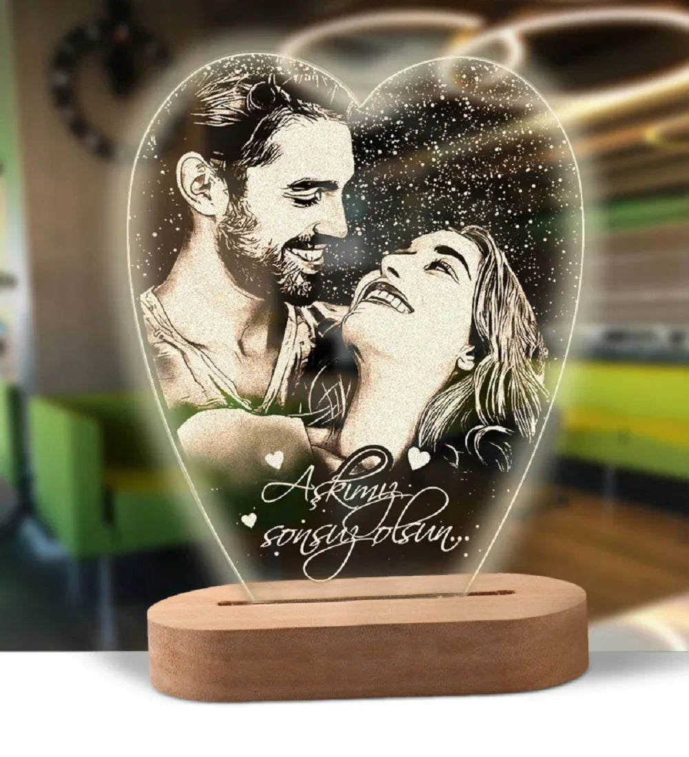 Custom Photo Night Light - Carved Wood Base - Personalized Text