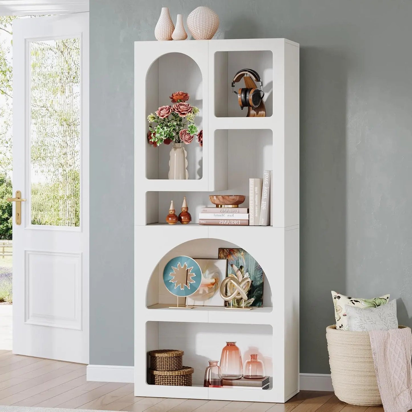 70.87" Tall Geometric Bookshelf - White Arched Bookcase with 5 Irregular Storage Shelves - Free-Standing for Living Room, Bedroom, Office