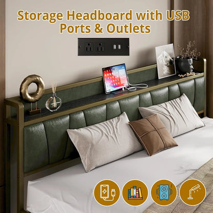 A New Bed Frame - Storage Headboard with Charging Station - No Box Spring Needed - Dark Green