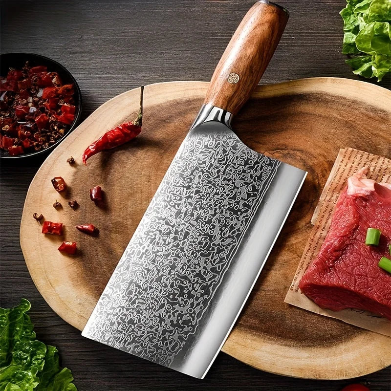 1pc Damascus Japan Kitchen Knife _ Professional Japanese VG-10 Steel Meat Cleaver Knife for Meat Cutting - Sharp Hand Forged