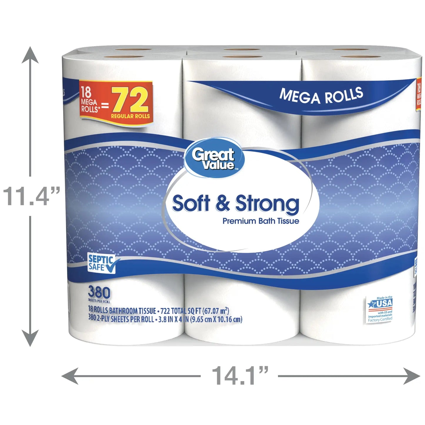 Great Value - Soft & Strong Premium Toilet Paper - 18 Mega Rolls = 72 Regular Rolls
