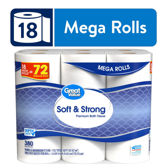 Great Value - Soft & Strong Premium Toilet Paper - 18 Mega Rolls = 72 Regular Rolls