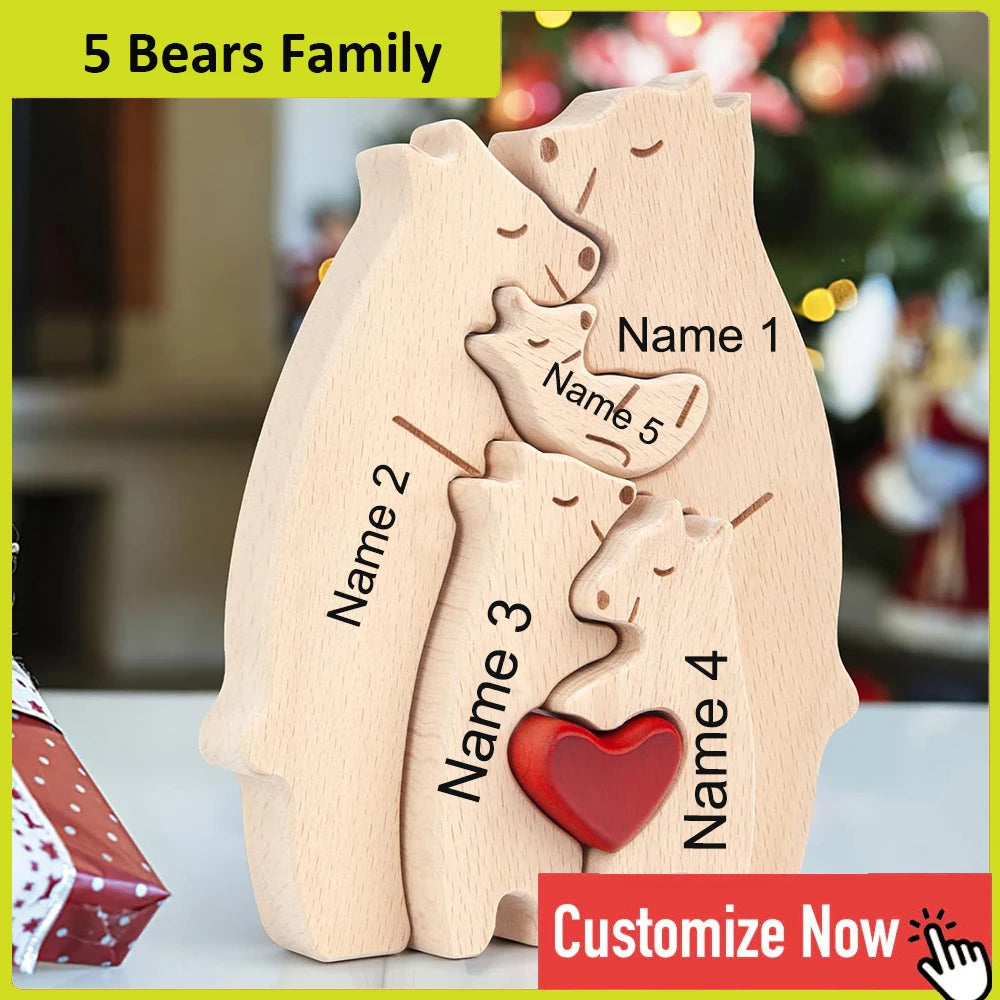 Personalized Custom Bear Family, Wooden Puzzle, Free Name Engraving