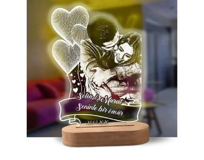 Custom Photo Night Light - Carved Wood Base - Personalized Text