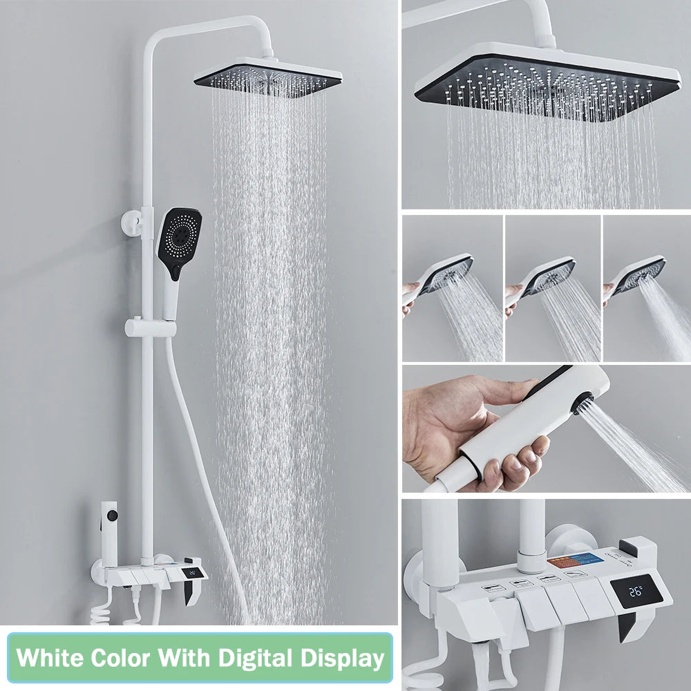 Rozin Black Smart Digital Display Shower Faucet Set - Piano Style Rainfall Bathroom System - Grey Digital Mixer Tap & Bidet Shower