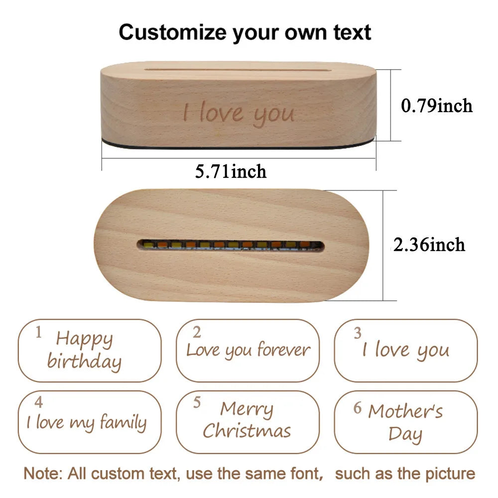 Custom Photo Night Light - Carved Wood Base - Personalized Text