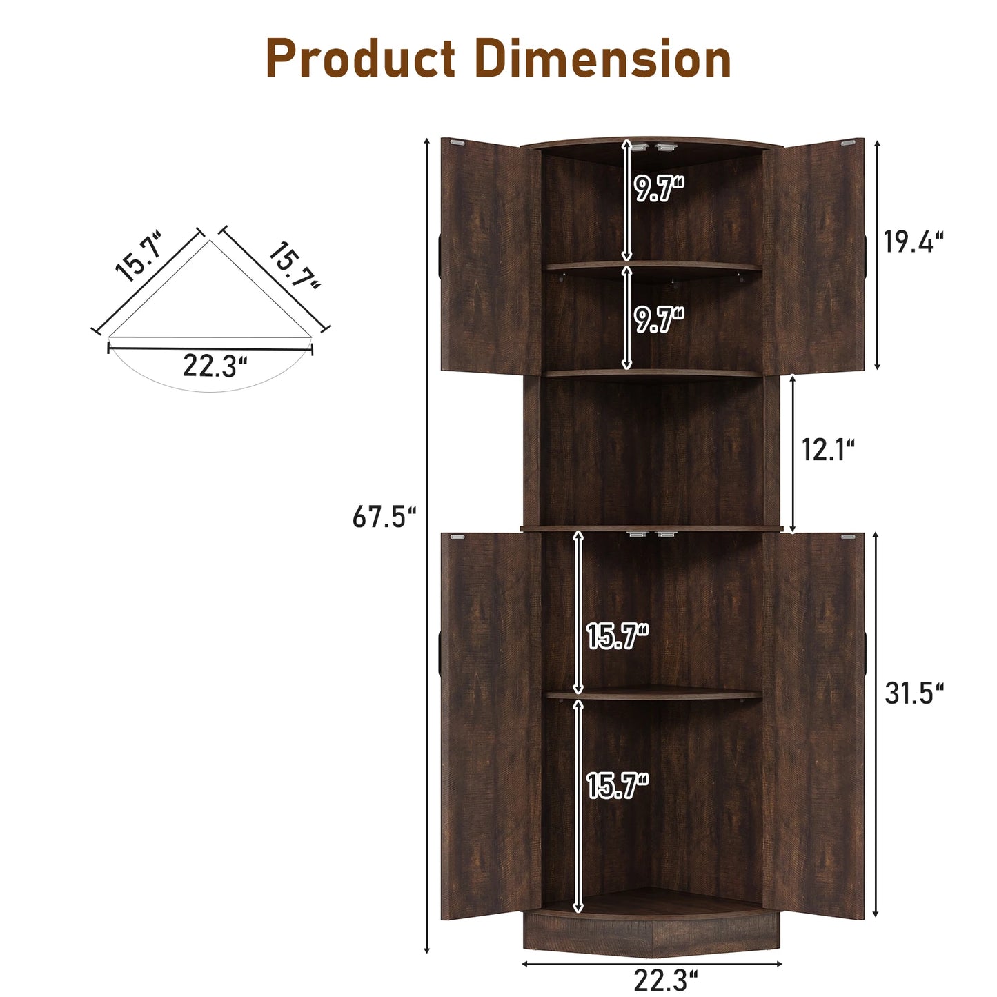 Tall Corner Bathroom Cabinet with Doors - 67" Storage Cabinet with Barn Doors and Adjustable Shelf for Kitchen, Bathroom, etc
