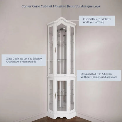 Lighted 3-Side Glass Display Curio Cabinet w/ Tempered Glass Doors and Shelves - Curved Wood Corner Cabinet with Bulb
