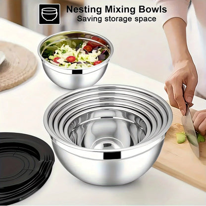 17 Piece Stainless Steel Mixing Bowls With Lids - Grater Attachment - Non-Slip Kitchen Gadget Set - Mixing And Serving