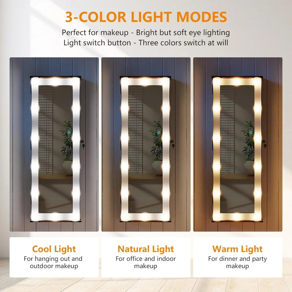 Jewelry Cabinet with LED 10 Light Bulbs - Tall Lockable Wall or Door Mounted Jewelry Armoire Organizer with Mirror - White