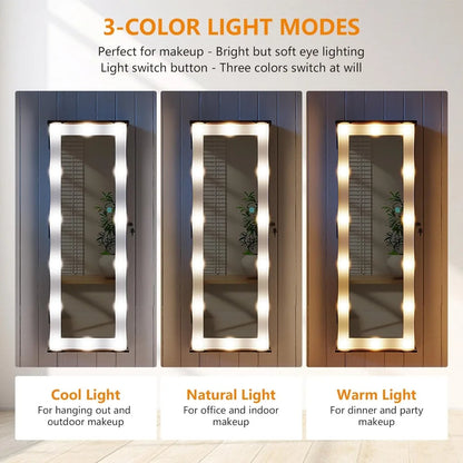 Jewelry Cabinet with LED 10 Light Bulbs - Tall Lockable Wall or Door Mounted Jewelry Armoire Organizer with Mirror - White