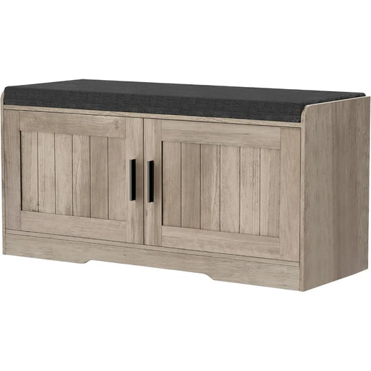 2-Tier Storage Shoe Bench with Thickened Padded Seat Cushion - Entryway Bench with 2 Doors - Adjustable Shelf