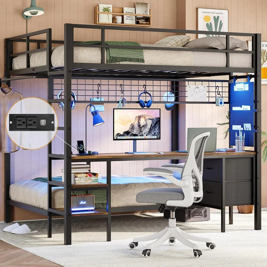 Metal Full Size Over Twin Loft Bed with Led Lights, Storage Shelves and Charging Station