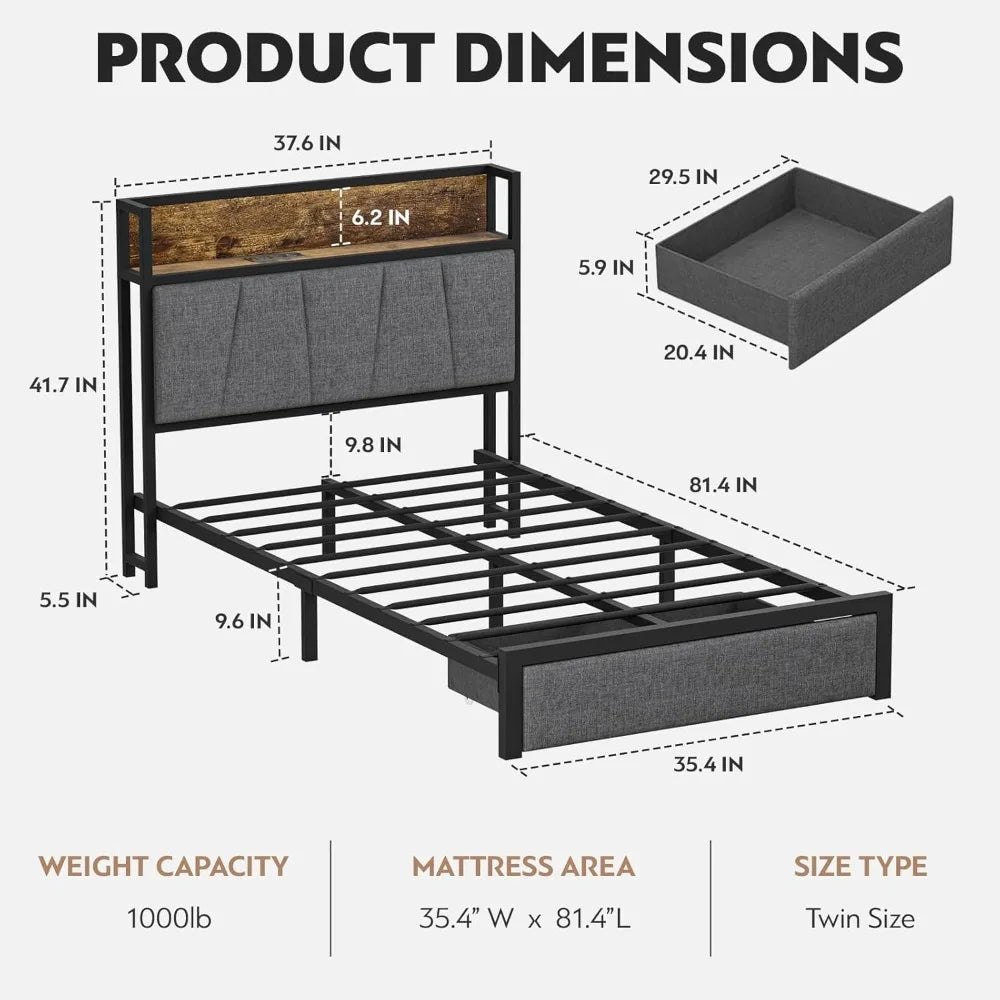 Twin Size Bed Frame with Headboard and Storage - Platform Bed Frame with Drawer Storage - Charging Station & LED Light