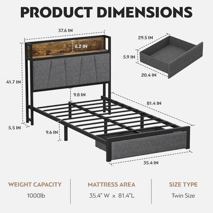 Twin Size Bed Frame with Headboard and Storage - Platform Bed Frame with Drawer Storage - Charging Station & LED Light