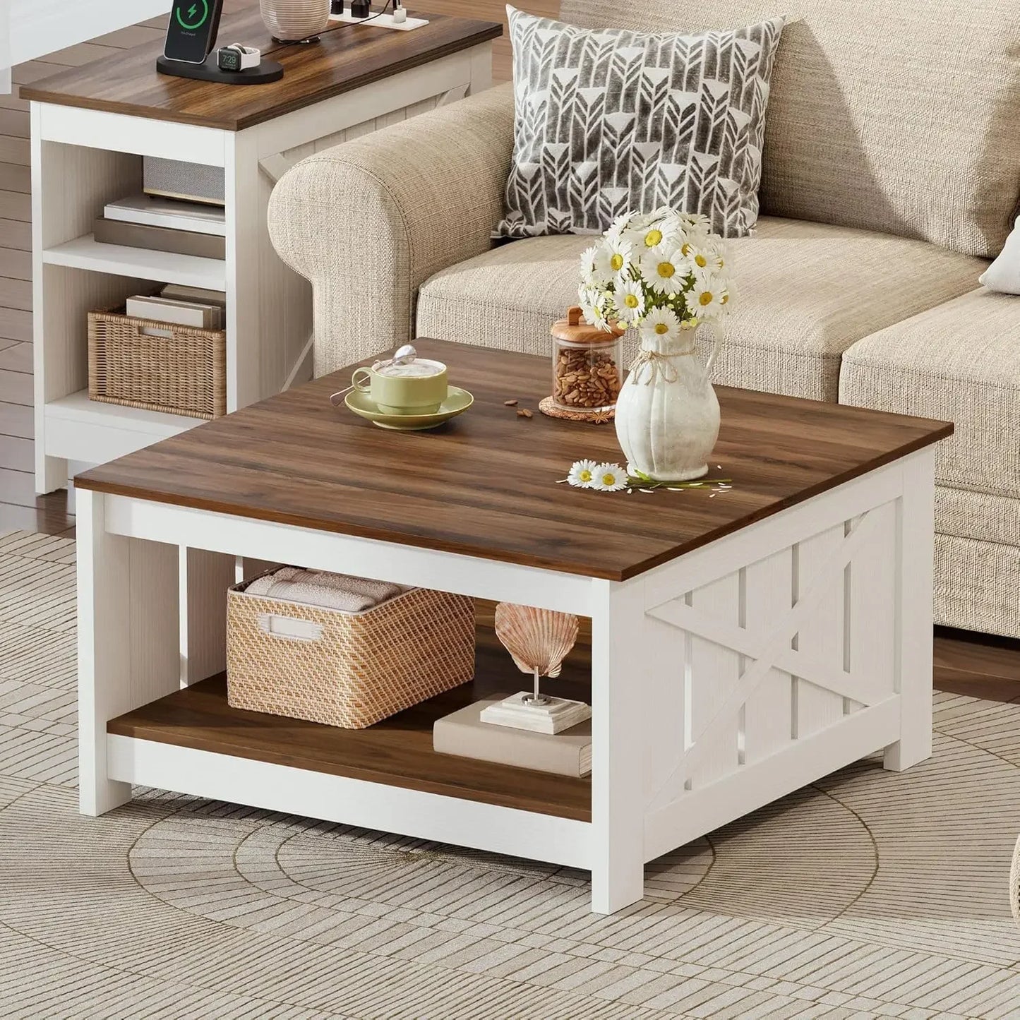Square Coffee Table for Living Room with Storage - 2-Tier Wood Coffee Table Center Table , Grey Wash