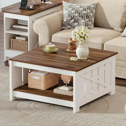 Square Coffee Table for Living Room with Storage - 2-Tier Wood Coffee Table Center Table , Grey Wash