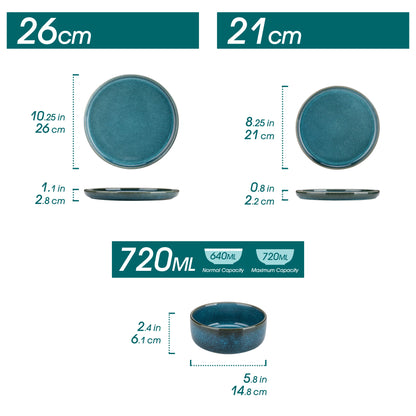 Vancasso 12/24Piece Ceramic Plate Set - Blue Reactive Glaze - Vertical Edge Tableware Set with 4/6 Sets, Dinner Plate/Dessert/Bowl