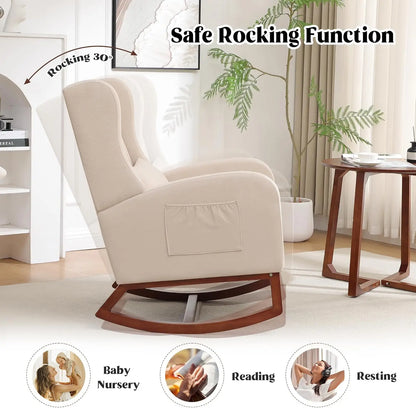 Rocking Chair with Foot Rest - Wingback Nursery Rocking Chair - Teddy Nursing Rocker Chair with Pillow
