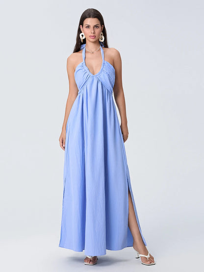 Women Summer Casual Maxi Dress - Solid Color - Tie-Up Halter Neck, Sleeveless & Backless Dress