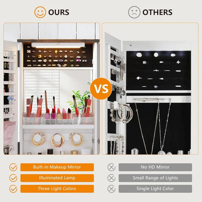 Jewelry Cabinet with LED 10 Light Bulbs - Tall Lockable Wall or Door Mounted Jewelry Armoire Organizer with Mirror - White