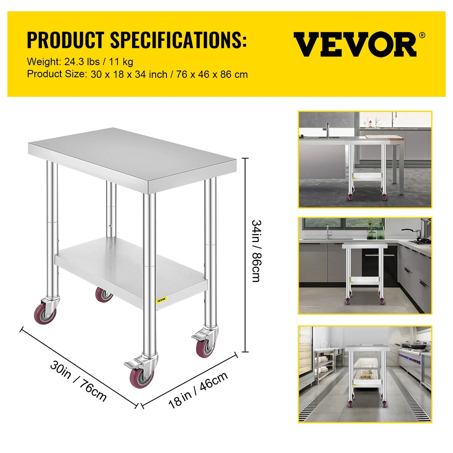 Stainless Steel Kitchen Work Space 2 Shelves, Moveable