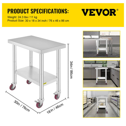 Stainless Steel Kitchen Work Space 2 Shelves, Moveable