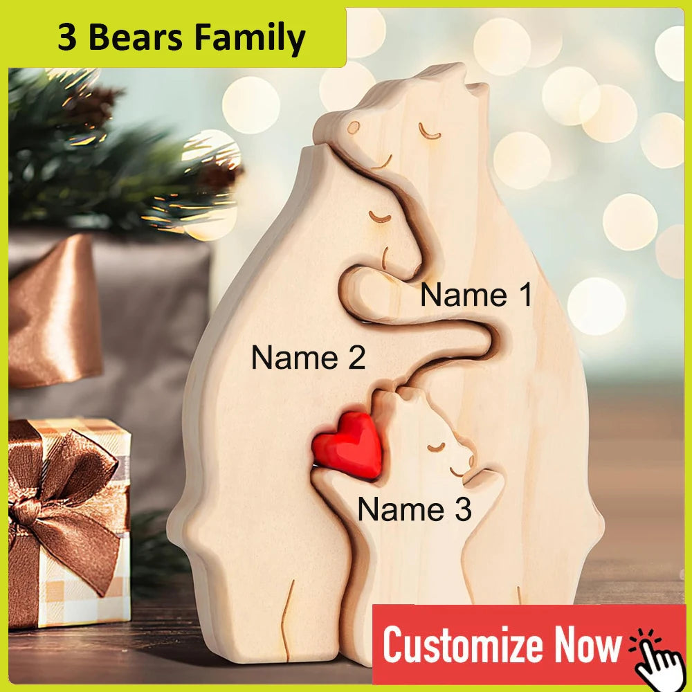 Personalized Custom Bear Family, Wooden Puzzle, Free Name Engraving