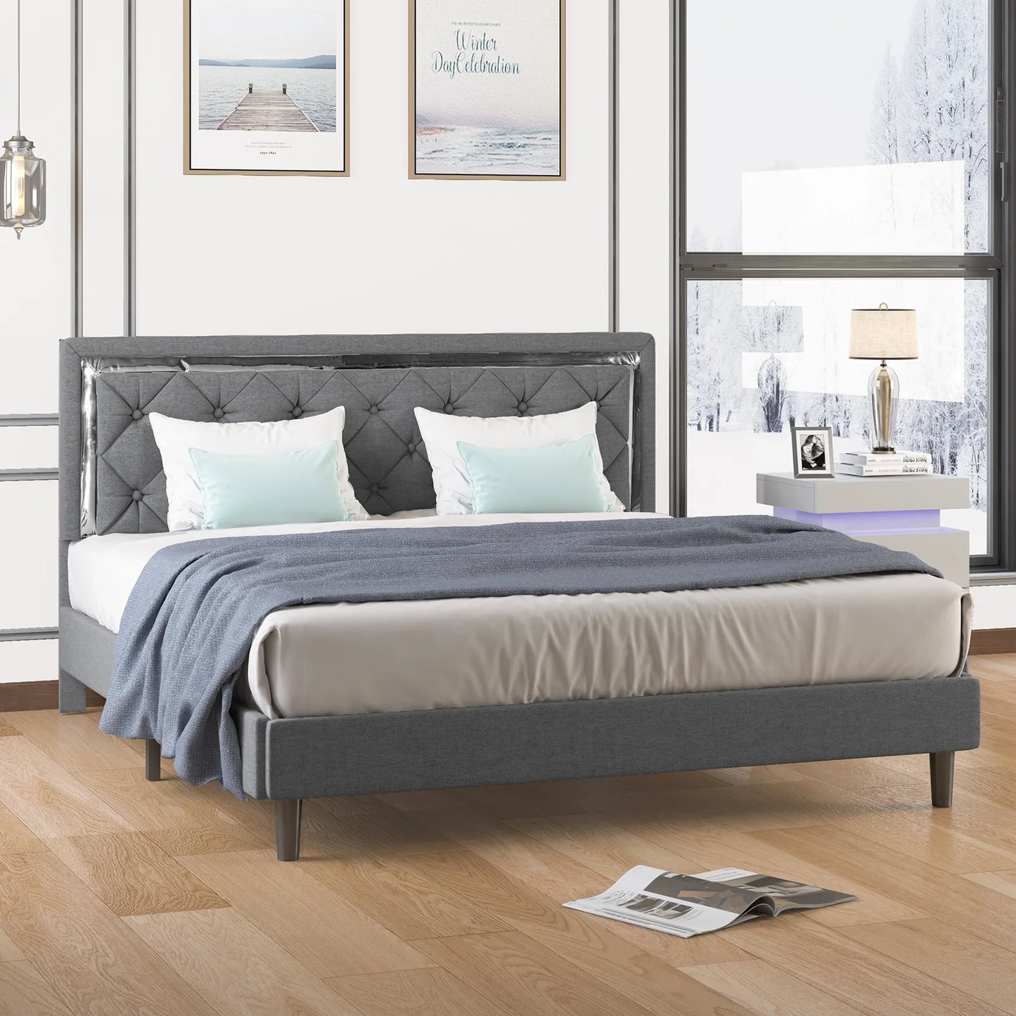 A Bed Frame - Upholstered Mattress Frame with Adjustable Headboard - Thin Velvet Bed Frame with Button Tufted Headboard