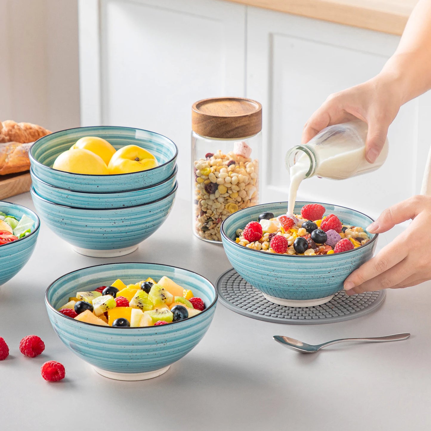 Vancasso 6 Piece 840ML Ceramic Bowls - Hand Painted Spirals - Stoneware Dinnerware Set