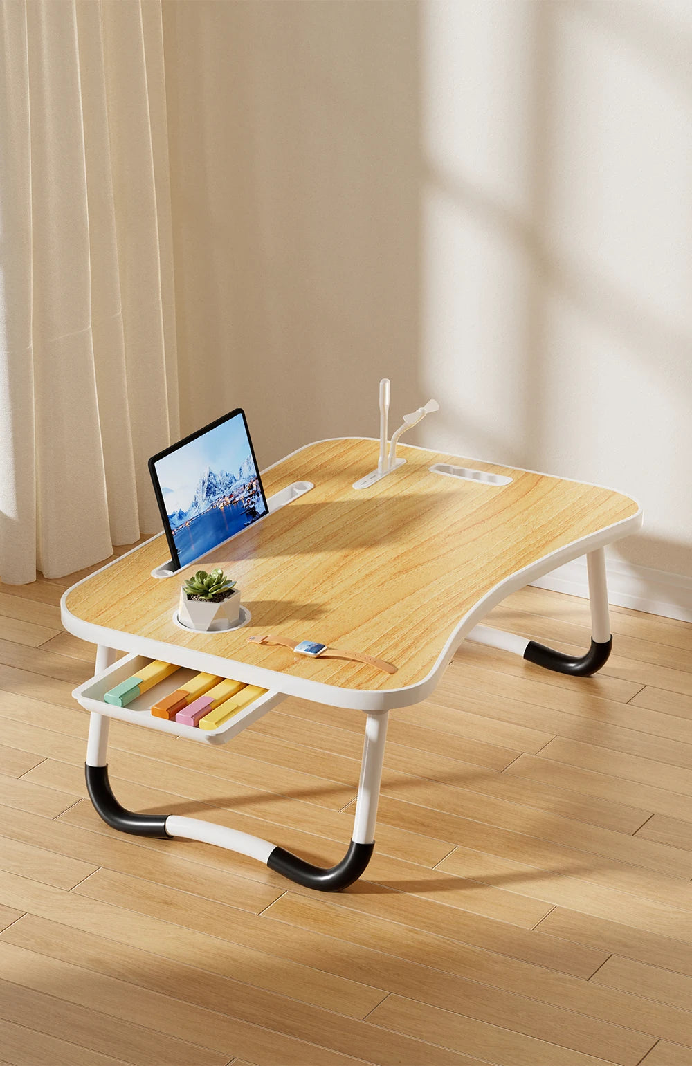 Portable Laptop Desk with USB Light, Small Fan, Cup Holder, Tablet Slot, and Lifting Handle - Foldable Laptop Table