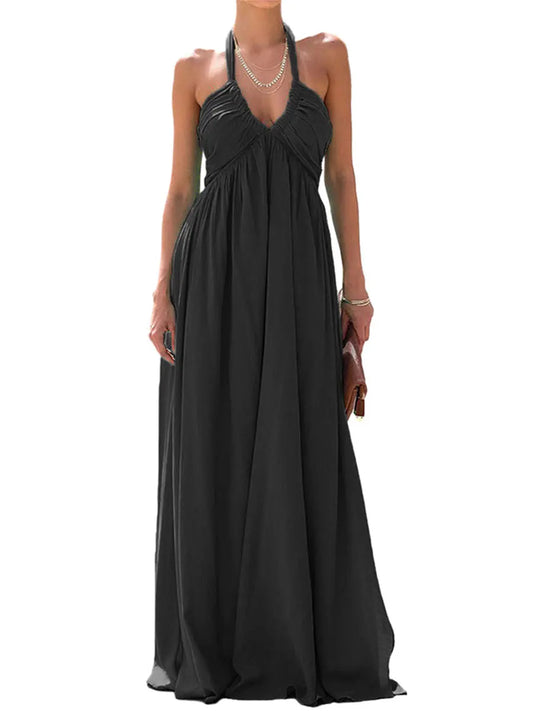 Women Summer Casual Maxi Dress - Solid Color - Tie-Up Halter Neck, Sleeveless & Backless Dress