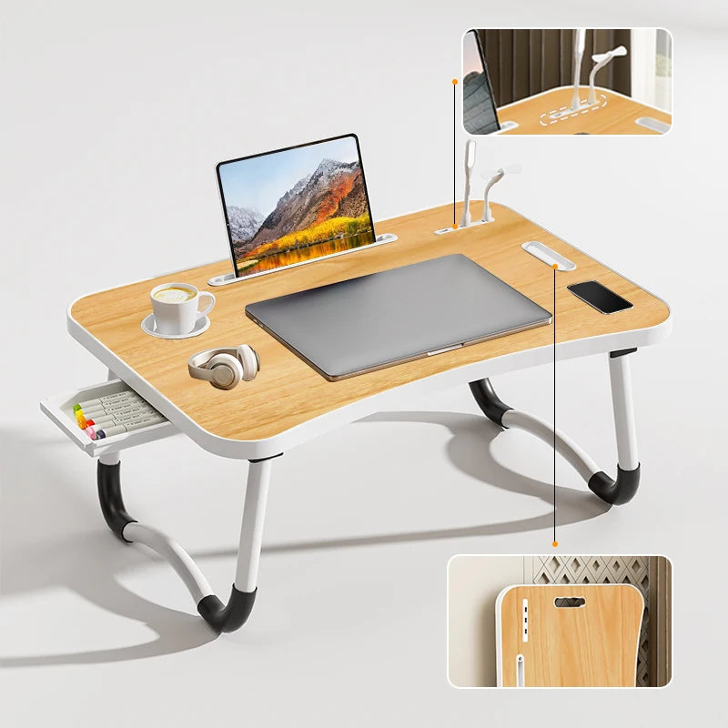 Portable Laptop Desk with USB Light, Small Fan, Cup Holder, Tablet Slot, and Lifting Handle - Foldable Laptop Table