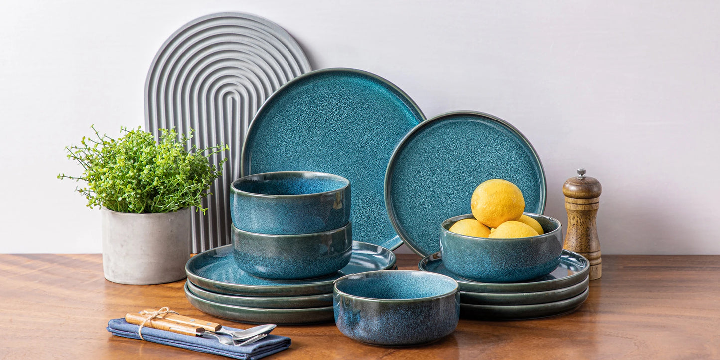 Vancasso 12/24Piece Ceramic Plate Set - Blue Reactive Glaze - Vertical Edge Tableware Set with 4/6 Sets, Dinner Plate/Dessert/Bowl