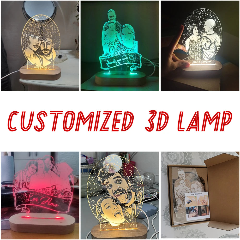 Custom Photo Night Light - Carved Wood Base - Personalized Text