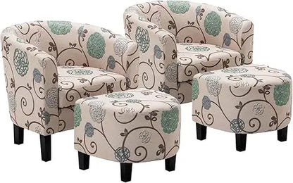 Accent Chair with Ottoman Set of 2 - Curve Back Living Room Chair - Stylish Barrel Club Chair and Footrest Set