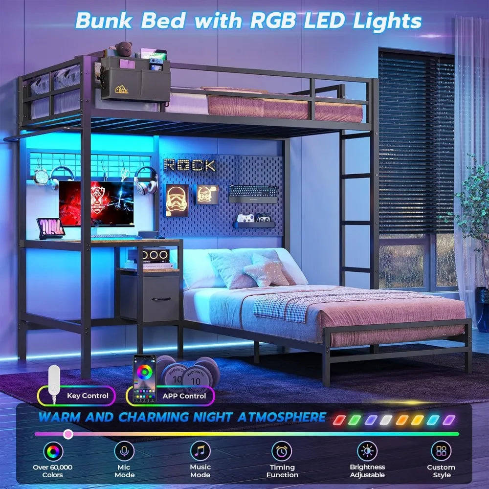 Bunk Bed Twin Over Twin with Desk and Charging Station - L-Shaped Metal Bunk Bed - Led Lights & Storage Shelves