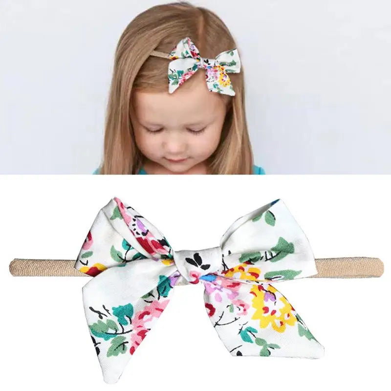 Baby Nylon Headband Bows - 10 Pieces - Handmade Tied Bow For Little Ones & Toddlers - Comfortable, Soft & Stretchy