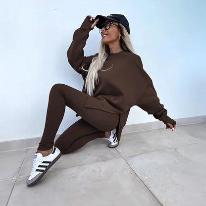 Women's Spring and Autumn Sports Hoodie - Long Sleeve - Solid Color Hoodie - Casual & Two Piece Set