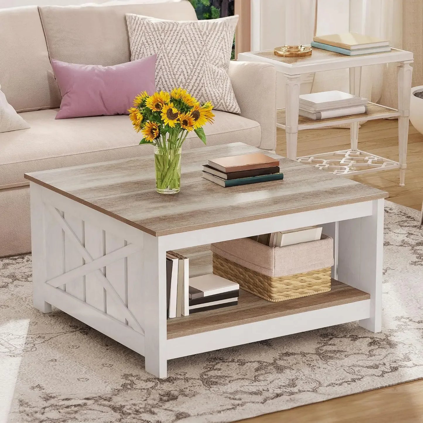 Square Coffee Table for Living Room with Storage - 2-Tier Wood Coffee Table Center Table , Grey Wash