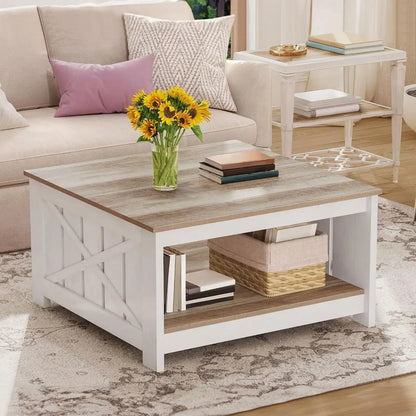 Square Coffee Table for Living Room with Storage - 2-Tier Wood Coffee Table Center Table , Grey Wash