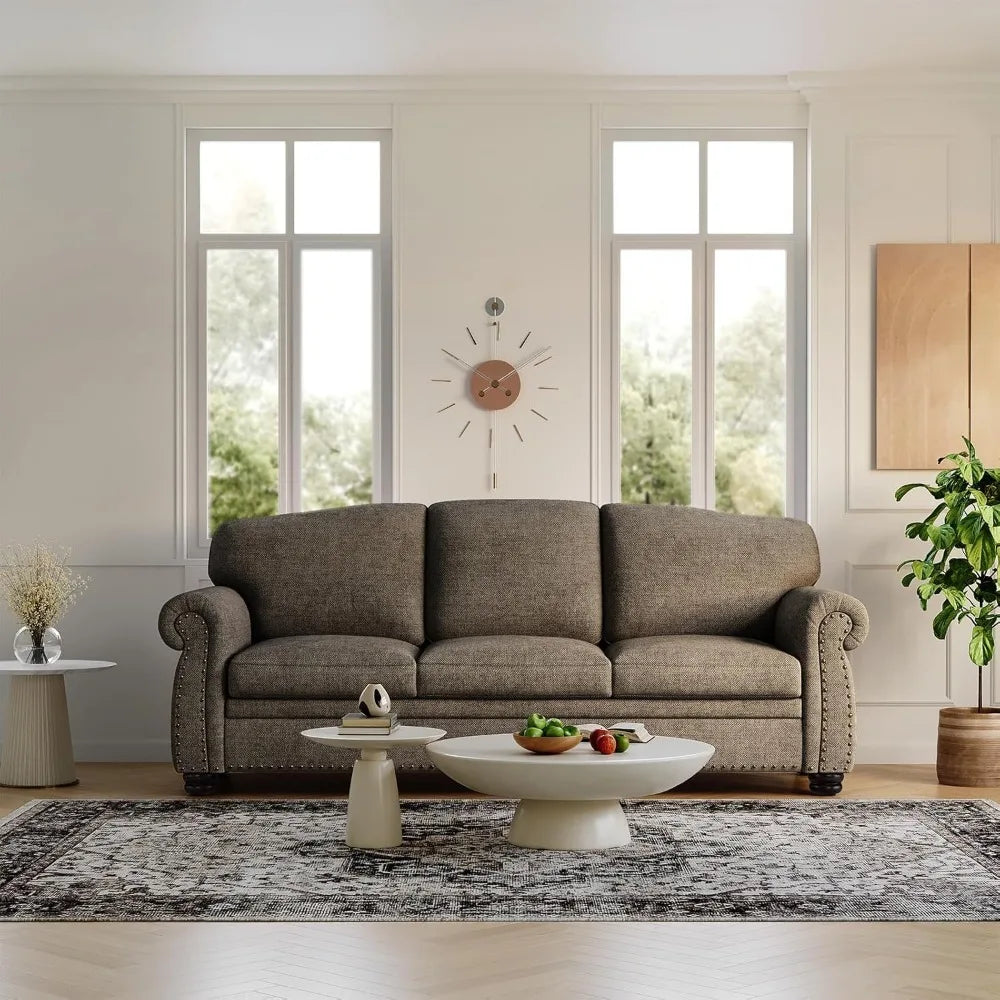 90" Nail Head Decorative Sofa - Comfortable Cushioned 3-seat Velvet Sofa with Wooden Legs - 23" Deep Seat Roller Arm Sofa