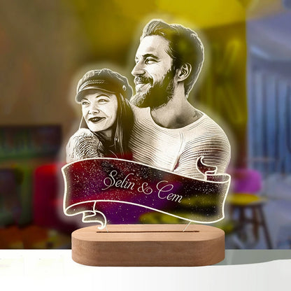 Custom Photo Night Light - Carved Wood Base - Personalized Text