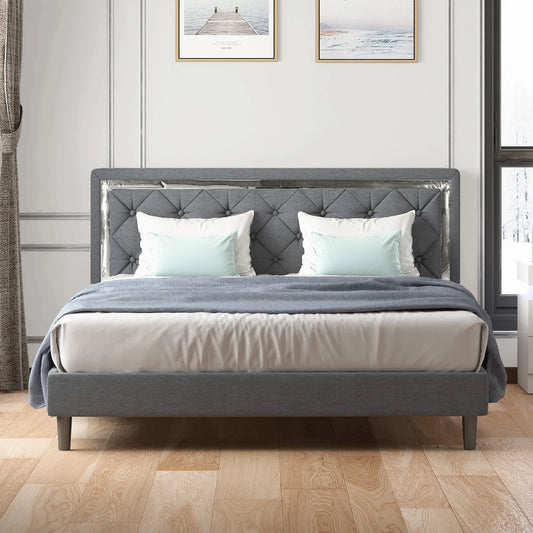 A Bed Frame - Upholstered Mattress Frame with Adjustable Headboard - Thin Velvet Bed Frame with Button Tufted Headboard