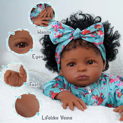 Lifelike Reborn Black Girl - 18-Inch Realistic Newborn - Real Life Baby Dolls with Clothes & Toy Gift for Kids Age 3+