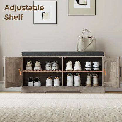 2-Tier Storage Shoe Bench with Thickened Padded Seat Cushion - Entryway Bench with 2 Doors - Adjustable Shelf